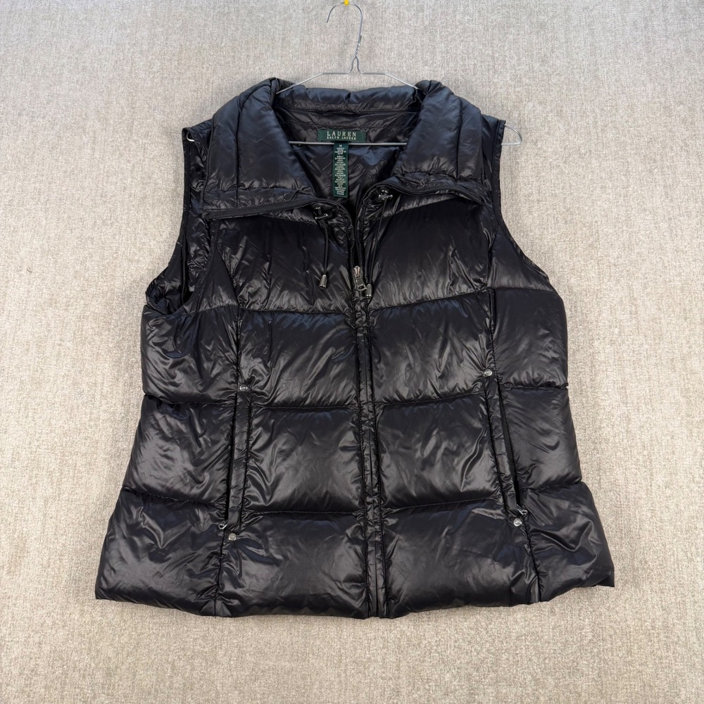 Lauren Ralph Lauren Puffer Vest Women Med Black Down Filled Quilted Shiny